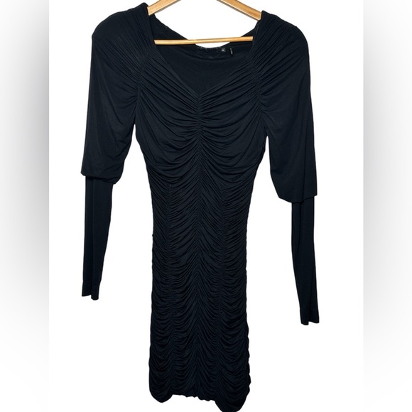 L.A.M.B Women's V-Neck Long Sleeve Ruched Bodycon Dress in Black Size Small - Picture 3 of 7